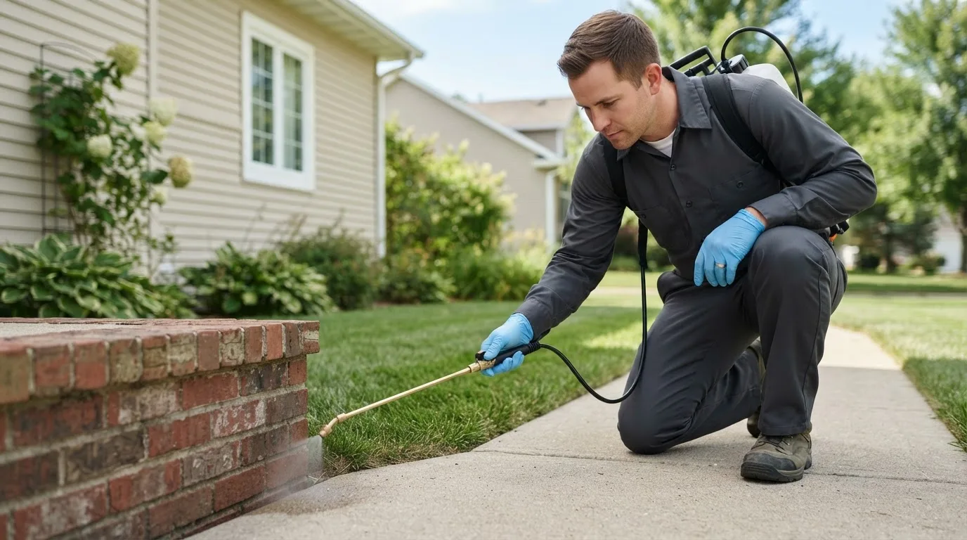 Pest control technician treating a home near Courtland, KS