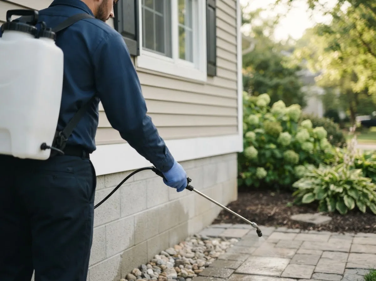 Pest control technician inspecting a home in Courtland, KS